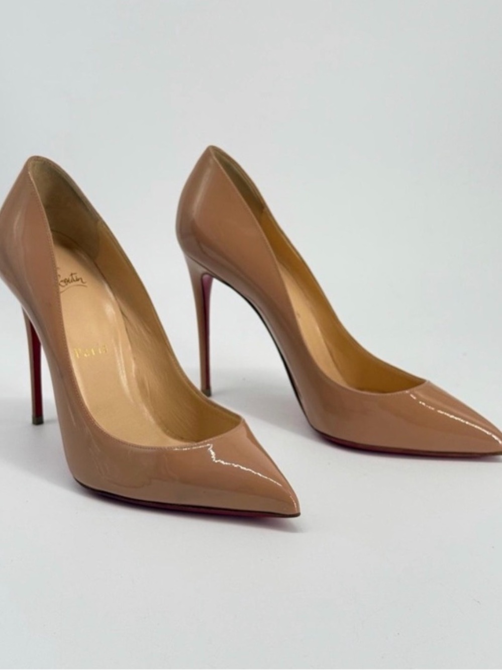 Louboutin 38 Nude Patent Pointed-Toe Pumps with Red Sole